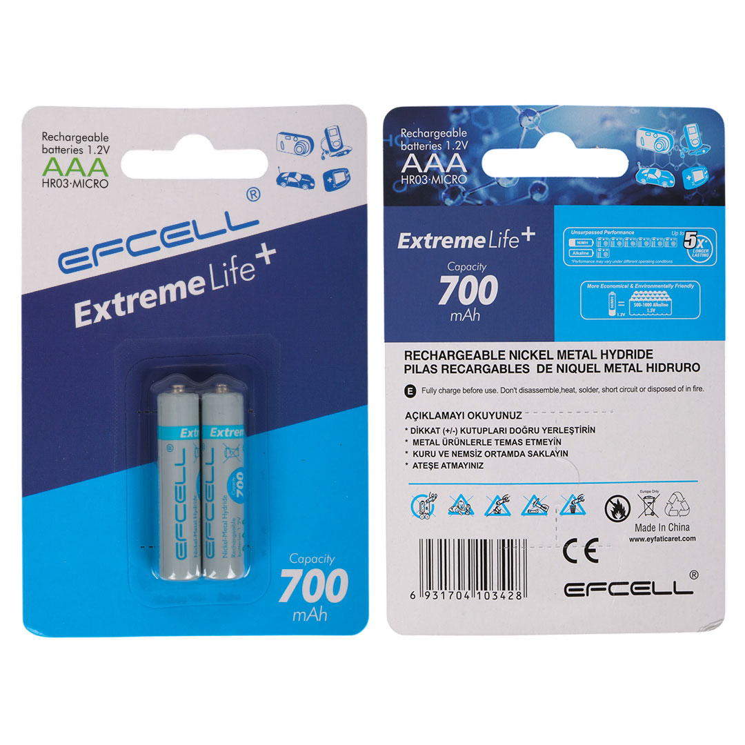 m0710-EFCELL EXTREME LİFE+ 1.2 VOLT 700 MAH AAA İNCE ŞARJLI PİL ( (2'Lİ PAKET FİYATI)